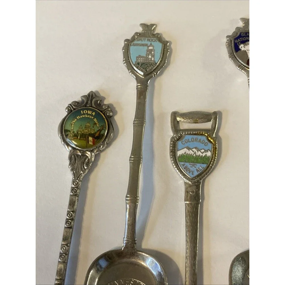 6 Souvenir Spoon Shovel style Enamel State Crest Embossed Bowl Vintage Travel